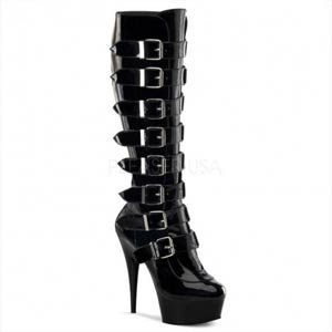 Delight 2049 buckle up 6" stiletto heel raised front platform knee length boot by Pleaser USA. Delight 2049