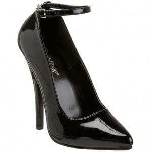 Domina 431 six inch stiletto heel classic court shoe with single ankle strap in black patent material by Pleaser USA. Domina 431 six inch stiletto heel classic court shoe with single ankle strap in black patent material by Pleaser USA.