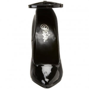 Domina 431 six inch stiletto heel classic court shoe with single ankle strap in black patent material by Pleaser USA. Domina 431 six inch stiletto heel classic court shoe with single ankle strap in black patent material by Pleaser USA.