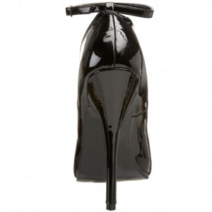 Domina 431 six inch stiletto heel classic court shoe with single ankle strap in black patent material by Pleaser USA.