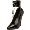 Domina 434 six inch stiletto heel closed toe court shoe with ankle cuffs in black patent material. Domina 434 six inch stiletto heel closed toe court shoe with ankle cuffs in black patent material.