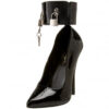 Domina 434 six inch stiletto heel closed toe court shoe with ankle cuffs in black patent material.