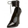Domina 434 six inch stiletto heel closed toe court shoe with ankle cuffs in black patent material.