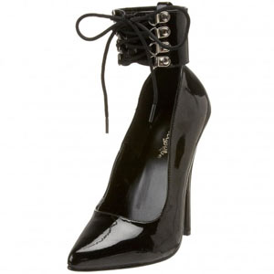 Domina 434 six inch stiletto heel closed toe court shoe with ankle cuffs in black patent material.