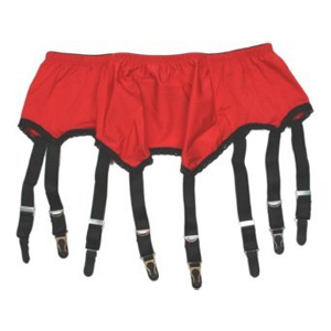 Plain panel suspender belt in red and black with eight suspender drops