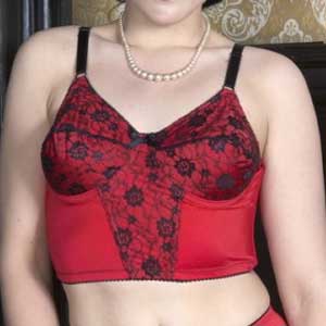 Vintage long line bra in red with black overlay