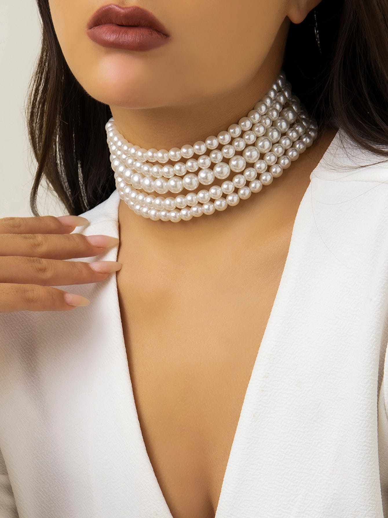 Faux Pearl Beaded Layered Choker