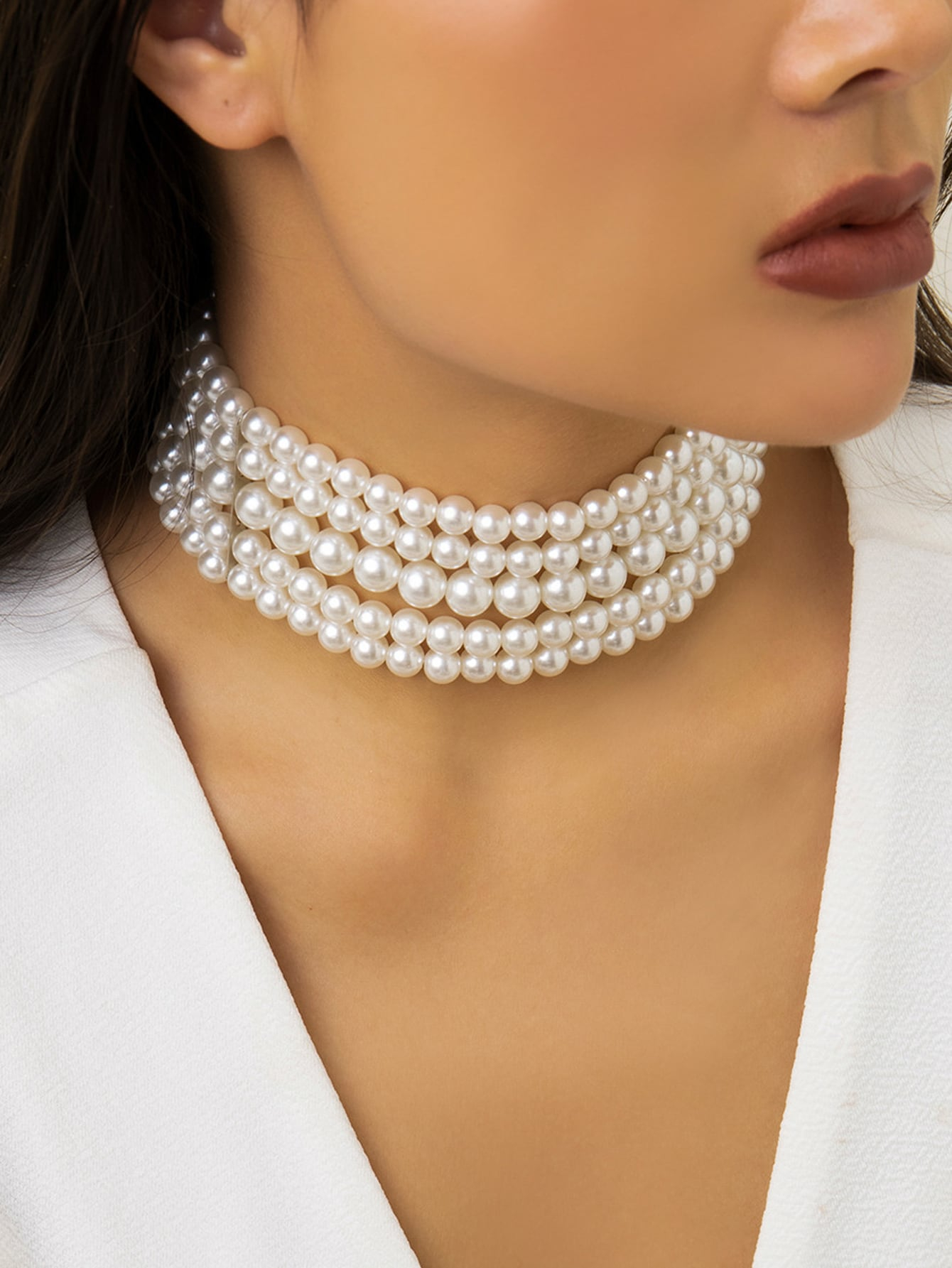 Faux Pearl Beaded Layered Choker