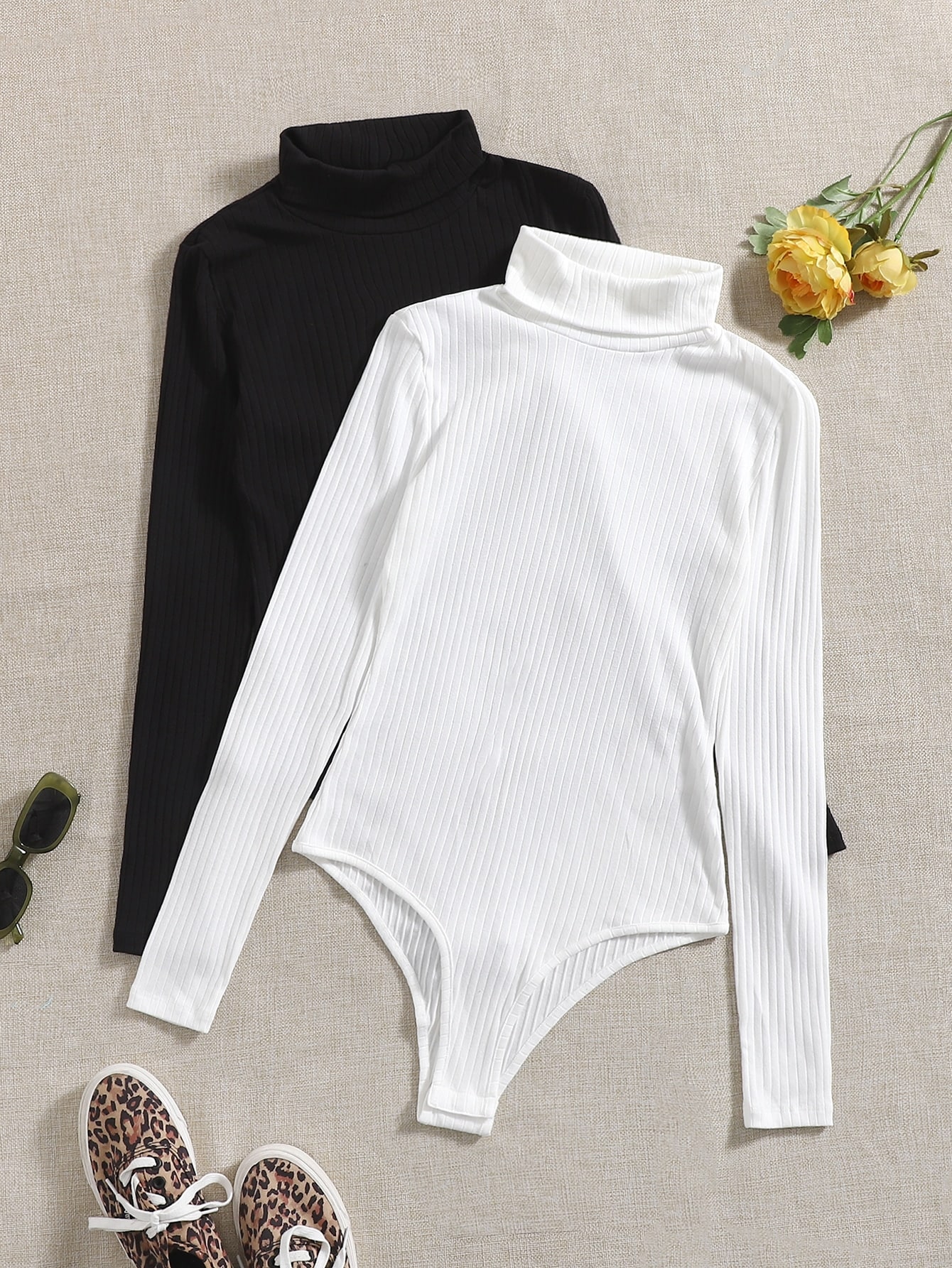 Turtle Neck Ribbed Knit Bodysuit - Two Piece Set