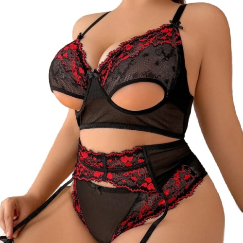 Seductive plus size lace lingerie set featuring sheer mesh, underwire support, and curve-enhancing design for ultimate confidence.